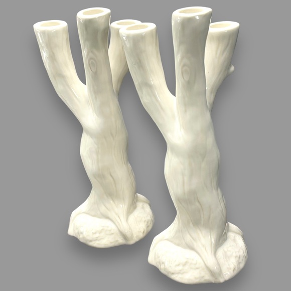 Roscher Set of 2 Nature's Nest White Stoneware Candle Holders Cottagecore 11" - Picture 4 of 9